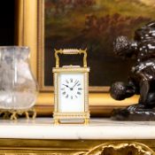 A LATE 19TH CENTURY FRENCH GILT AND SILVERED BRASS CARRIAGE CLOCK WITH REPEAT