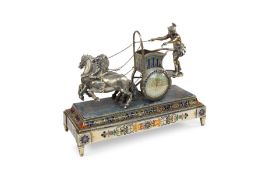A FINE 19TH CENTURY VIENNESE ENAMEL, SILVER AND LAPIS LAZULI CLOCK OF CHARIOT FORM