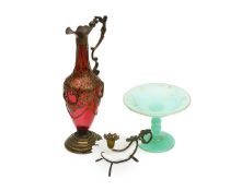 A LATE 19TH CENTURY FRENCH CRANBERRY GLASS EWER TOGETHER WITH TWO OTHER ITEMS