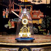 A VERY RARE EARLY 19TH CENTURY FRENCH ORMOLU FUSEE SKELETON CLOCK WITH GREAT WHEEL