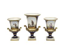 A GARNITURE OF THREE EARLY 19TH CENTURY ENGLISH PORCELAIN VASES