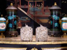A RARE PAIR OF WILLIAM IV STERLING SILVER CHINOISERIE TEA CADDIES C. 1831, MICHAEL STARKEY