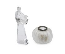 A LALIQUE FROSTED GLASS PUMPKIN CANDLE HOLDER TOGETHER WITH A GLASS FIGURE