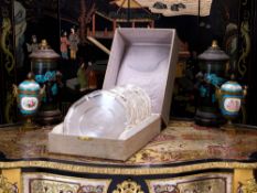 A SET OF NINE SILVER DINNER PLATES IN ORIGINAL CASE, GERMAN