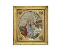 A REGENCY SILKWORK PICTURE OF THE FINDING OF MOSES