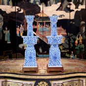 A LARGE PAIR OF CHINESE QING DYNASTY BLUE AND WHITE PORCELAIN CANDLE HOLDERS