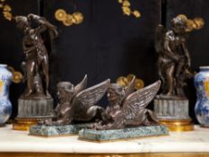 A FINE PAIR OF 19TH CENTURY BRONZE AND MARBLE MODELS OF SPHINXES