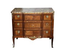 A 19TH CENTURY FRENCH KINGWOOD, MARQUETRY, ORMOLU MOUNTED AND MARBLE TOPPED COMMODE