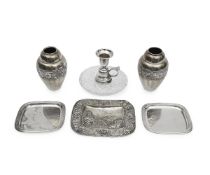 A PAIR OF PORTUGUESE SILVER VASES AND FOUR OTHER ITEMS
