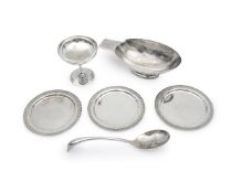 CRISTOFLE: THREE SILVER PLATED DISHES, A CUP AND A SERVING DISH AND SPOON