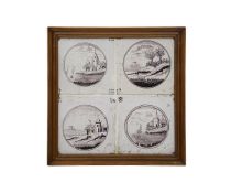 A SET OF FOUR 18TH CENTURY DELFT POTTERY TILES IN FRAME
