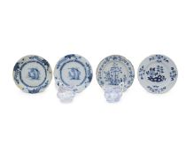 FOUR 18TH CENTURY DELFT WARE PLATES AND TWO JUGS