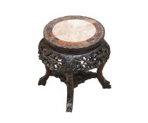 A CHINESE CARVED HARDWOOD AND MARBLE TOPPED STOOL