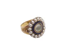AN 18TH CENTURY GOLD AND PEARL MOUNTED MEMORIAL RING DATED 1795