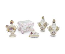 THREE 19TH CENTURY DRESDEN PORCELAIN FLORAL VASES AND TWO FURTHER ITEMS