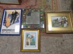 AN UNUSUAL FISH THEMED MIRROR, NIGEL HEMMING PRINT ETC (4)