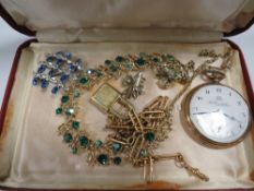 A GILT METAL THOS RUSSELL & SON POCKET WATCH TOGETHER WITH A YELLOW METAL POCKET WATCH CHAIN WITH