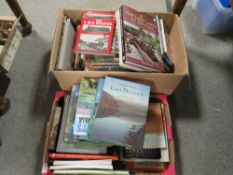 TWO TRAYS OF ASSORTED MOSTLY HARDBACK BOOKS, WALKING RAILWAYS ETC