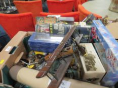 TWO TRAYS OF ASSORTED BOXED MODEL CARS, PLANES, VANGUARDS ETC