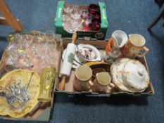 THREE TRAYS OF ASSORTED CERAMICS AND GLASS TO INCLUDE A CERAMIC ROLLING PIN