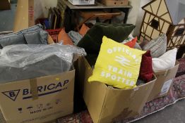 A QUANTITY OF EX SHOW HOME SOFT FURNISHINGS, CUSHIONS, SEAT COVERS ETC CONTAINED IN SIX LARGE BOXES