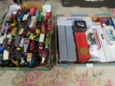 TWO TRAYS OF ASSORTED BOXED/UNBOXED TOY MODEL CARS ETC TO INCLUDE CORGI, EDDIE STOBART, ETC