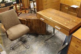A RETRO TWO DRAWER CONSOLE TABLE ON CHROME SUPPORTS WITH TWO DOOR CABINET AND SWIVEL OFFICE ARM