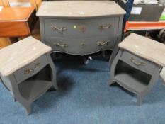 A MODERN FRENCH STYLE TWO DRAWER LIMED CHEST TOGETHER WITH TWO BEDSIDES