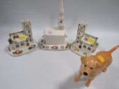 THREE COALPORT CHURCHES TOGETHER WITH A BESWICK LABADOR A/F AMERCIAN CHURCH BADLY CRACKED
