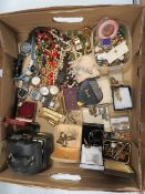 A TRAY OF COSTUME JEWELLERY TO INCLUDE WRIST WATCHES, BADGES ETC