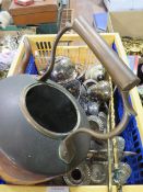 A TRAY OF SILVER PLATED WARE TOGETHER WITH A COPPER AND BRASS KETTLE