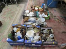 A LARGE QUANTITY OF ASSORTED CERAMICS AND GLASS WARE OVER SEVERAL TRAYS
