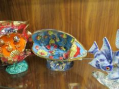 TWO RETRO CERAMIC TABLE LAMPS TOGETHER WITH A GEMA LUSTRE FISH FIGURINE