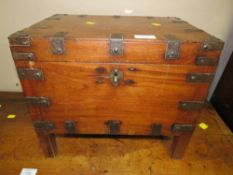 A SMALL IRON BOUND STORAGE CHEST