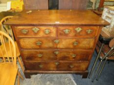 A 19TH CENTURY & LATER OAK AND WALNUT FIVE DRAWER CHEST WITH CROSSBANDED DETAIL - H 91 cm, W 100 cm