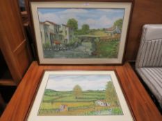 A COLLECTION OF ASSORTED PICTURES AND PRINTS, TO INCLUDE A ROBIN MULLER PRINT, NAIVE OIL, NEEDLEWORK