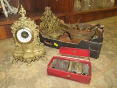 A SELECTION OF BRASS WARE TO INCLUDE DESK STAND AND A CLOCK