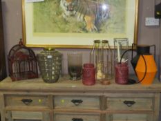 A QUANTITY OF ASSORTED GLASS, METAL VASES, CANDLE HOLDERS ETC
