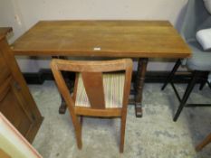 A 20TH CENTURY OAK RECTANGULAR REFECTORY TABLE - W 122 cm AND A CHAIR
