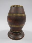 A NOVELTY COTTON REEL DISPENSER IN THE FORM OF A BRASS BOUND BARREL