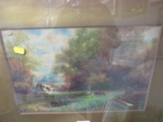 A FRAMED AND GLAZED WATERCOLOUR OF COWS GRAZING IN A FIELD, WATERMILL AND TREES BEYOND SIGNED F.