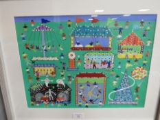A FRAMED AND GLAZED PAINTING BY GORDON BARKER OF THE FAIRGROUND, SIGNED LOWER RIGHT