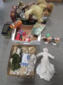 THREE TRAYS OF ASSORTED DOLLS, SOFT TOYS ETC TO INCLUDE A SNOOPY STYLE PULL ALONG DOG