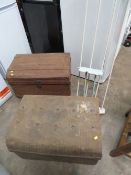 TWO STEEL VINTAGE TRAVEL TRUNKS TOGETHER WITH AN OAK DRAINING BOARD AND A CLOTHES AIRING RACK