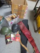 A QUANTITY OF REPRODUCTION MILITARY HELMETS TOGETHER WITH A QUANTITY OF MILITARY BOOKS