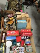 FOUR TRAYS OF VINTAGE TINS, BRASS ETC