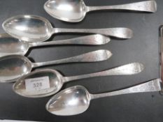 A PAIR OF ANTIQUE BRIGHT CUT WHITE METAL TABLESPOONS STAMPED WITH MAKERS MARK T.DG OVER J.LG ONE