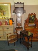 AN OAK DUMB WAITER, CANTEEN HOLDER, TABLE AND WALL SHELF ETC (5)