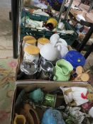 THREE TRAYS OF ASSORTED CERAMICS ETC TO INCLUDE STORAGE JARS
