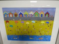 A FRAMED AND GLAZED PAINTING BY GORDON BARKER OF THE BEACH, SIGNED LOWER RIGHT